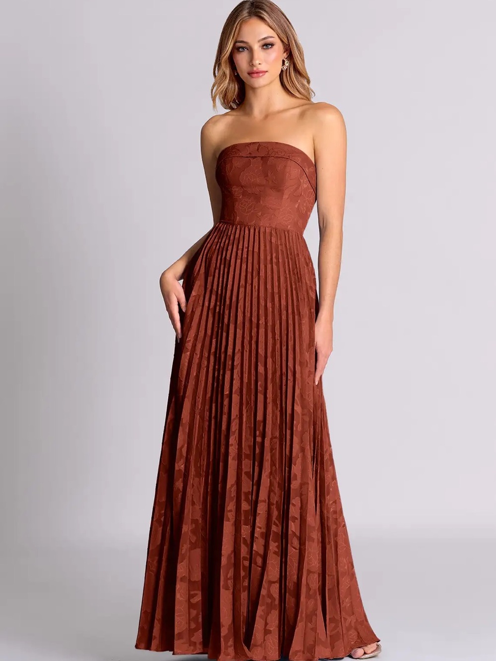 Azazie Strapless Pleated Maxi Dress in Terracotta